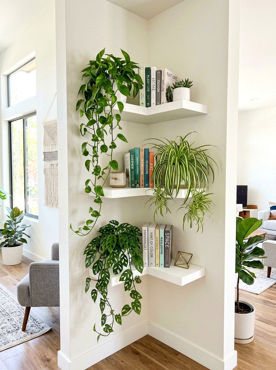Floating corner plant shelves - 30 office plant corner ideas