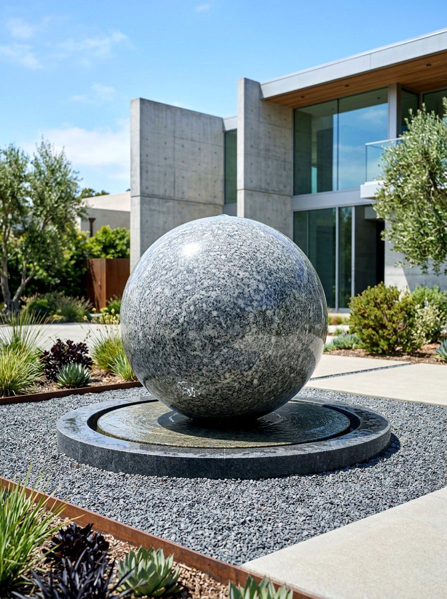 Floating granite sphere - 30 courtyard fountain garden ideas