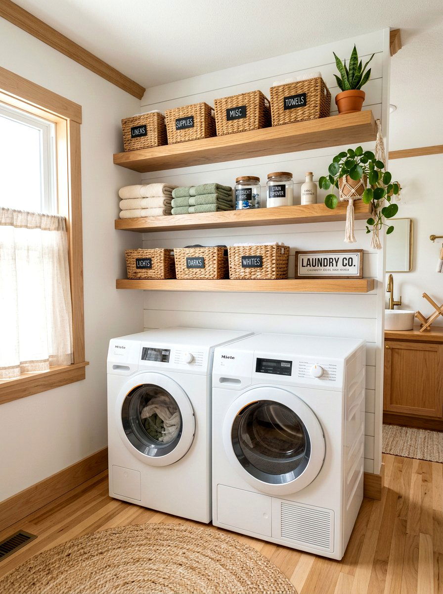 Floating laundry shelves - 30 organizing a laundry closet ideas