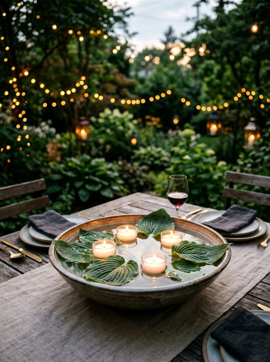 Floating leaf and candle centerpiece - 30 garden salad tablescape ideas