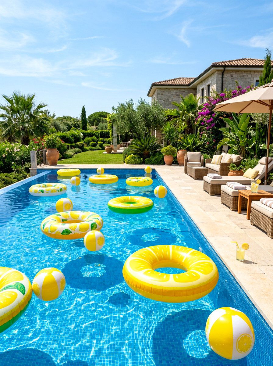 Floating lemon pool decor - 30 lemonade patio party ideas
