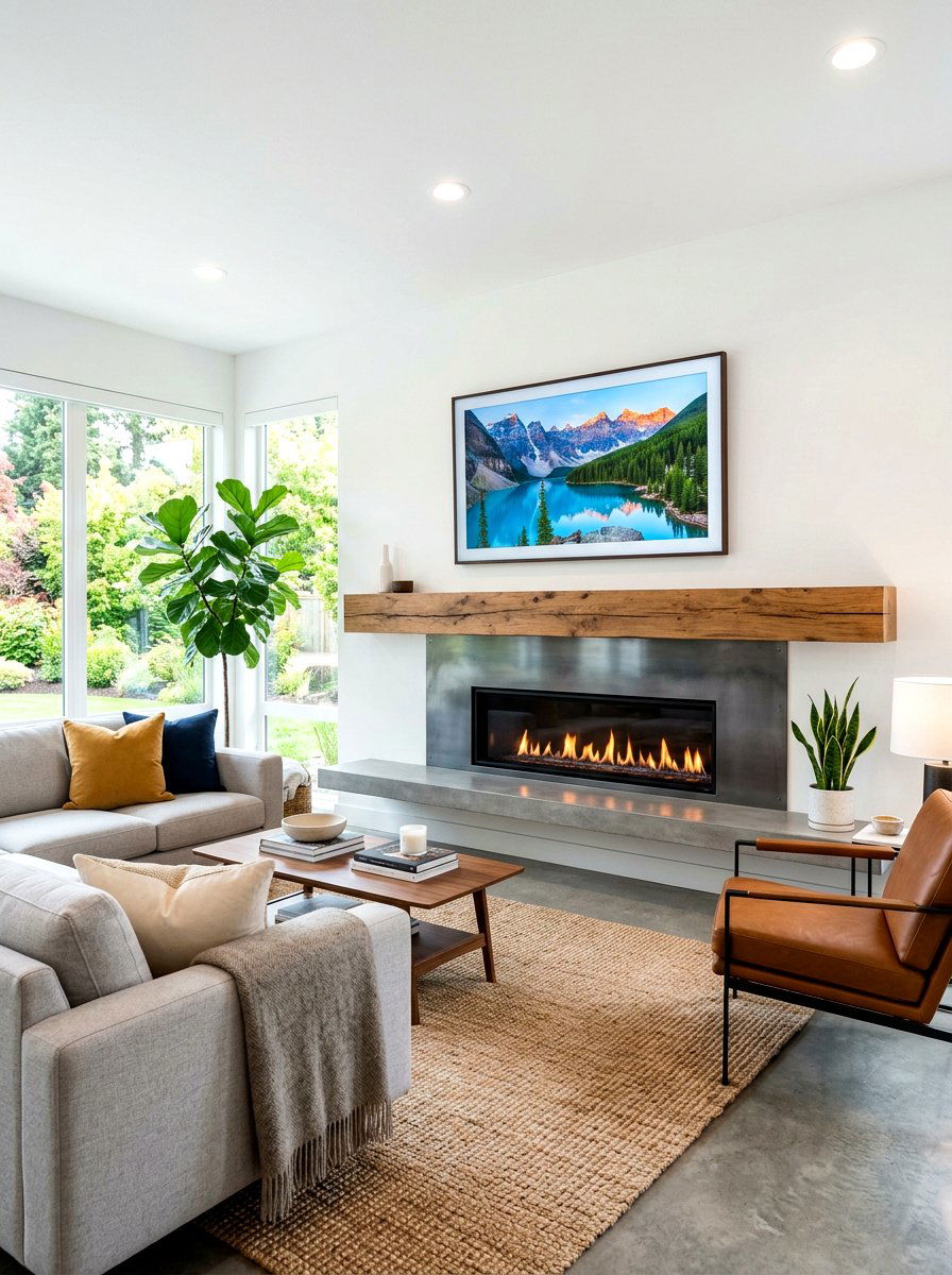 Floating mantel fireplace living room - 30 off center fireplace ideas