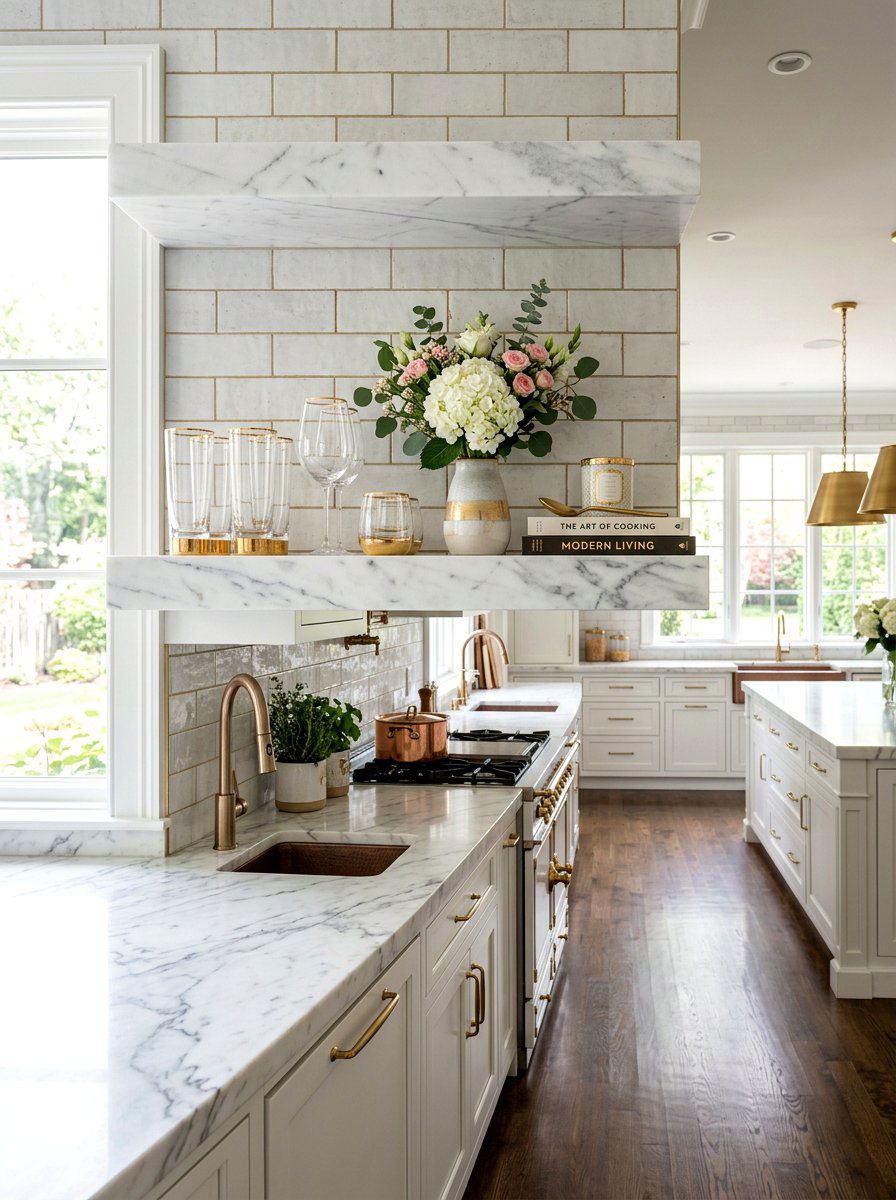 Floating marble shelf - 30 tiny kitchen open shelf ideas