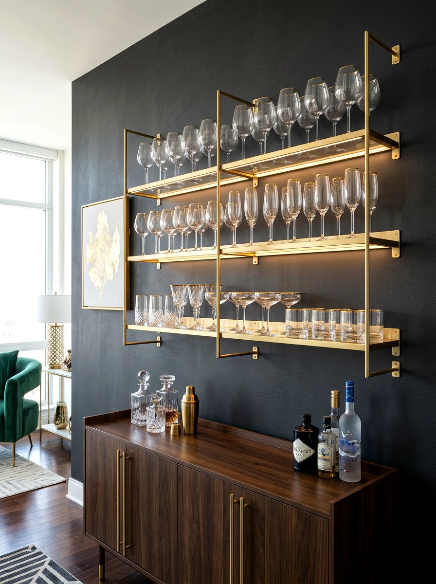 Floating metal glassware shelf - 30 glassware display ideas