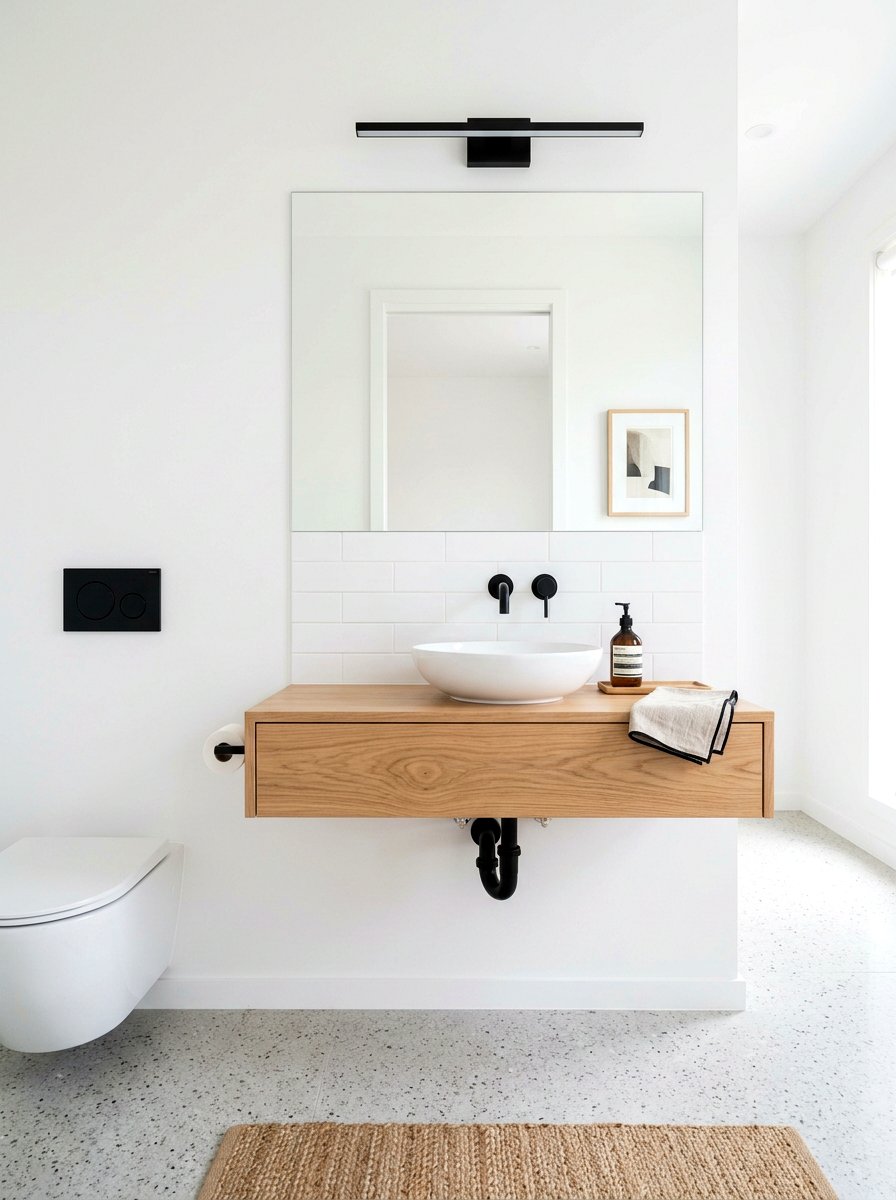 Floating oak vanity powder room - 30 jewel box powder room ideas