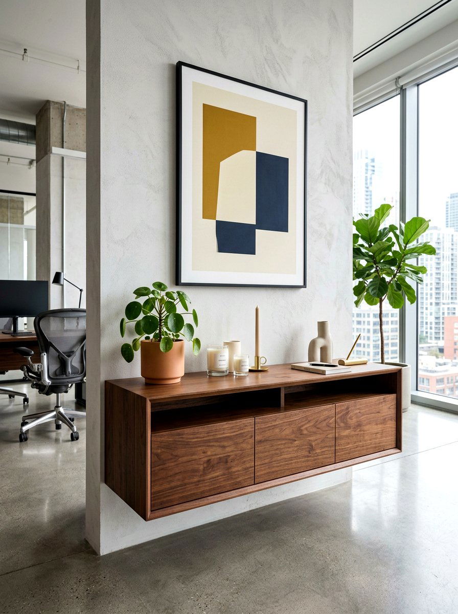 Floating office credenza decor - 30 office credenza styling ideas