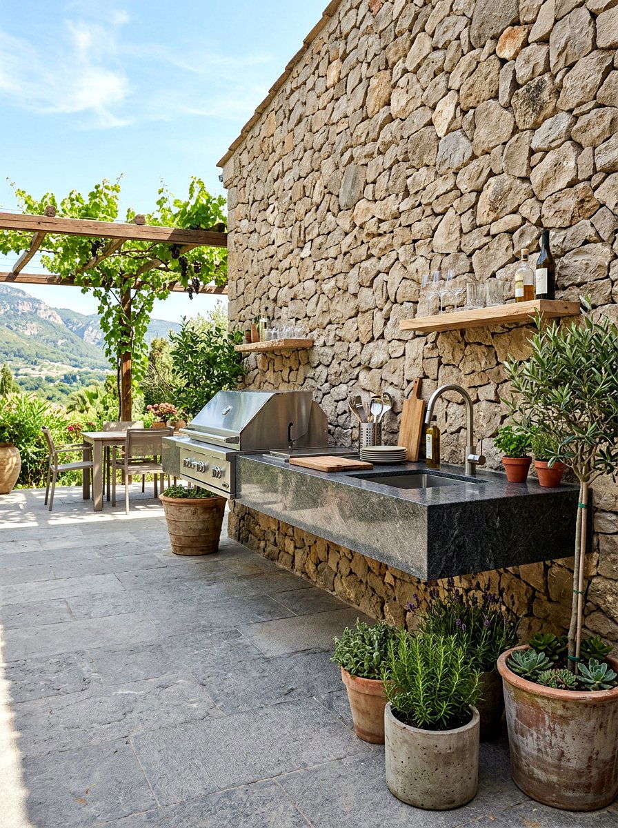 Floating outdoor kitchen shelf - 30 patio cooking area ideas