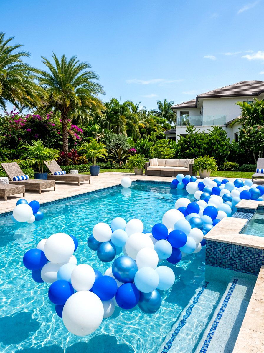 Floating pool balloon decor - 30 baby shower backyard decor ideas