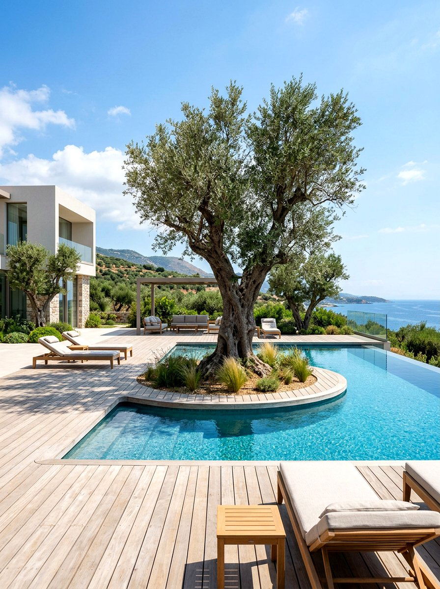 Floating pool deck with olive tree islands - 30 poolside olive trees ideas