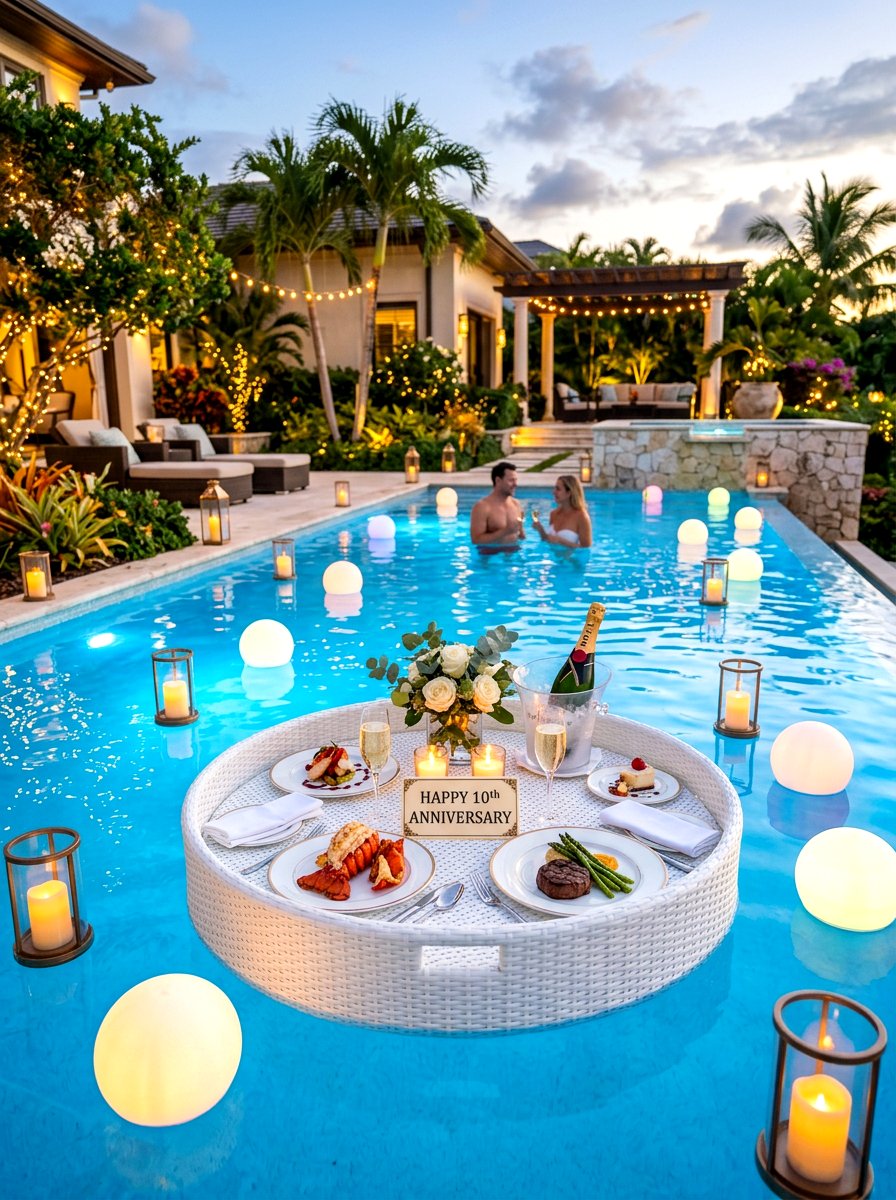 Floating pool dinner tray - 30 anniversary dinner at home ideas