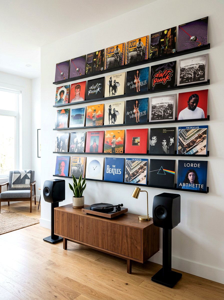 Floating record shelves - 30 record listening room ideas