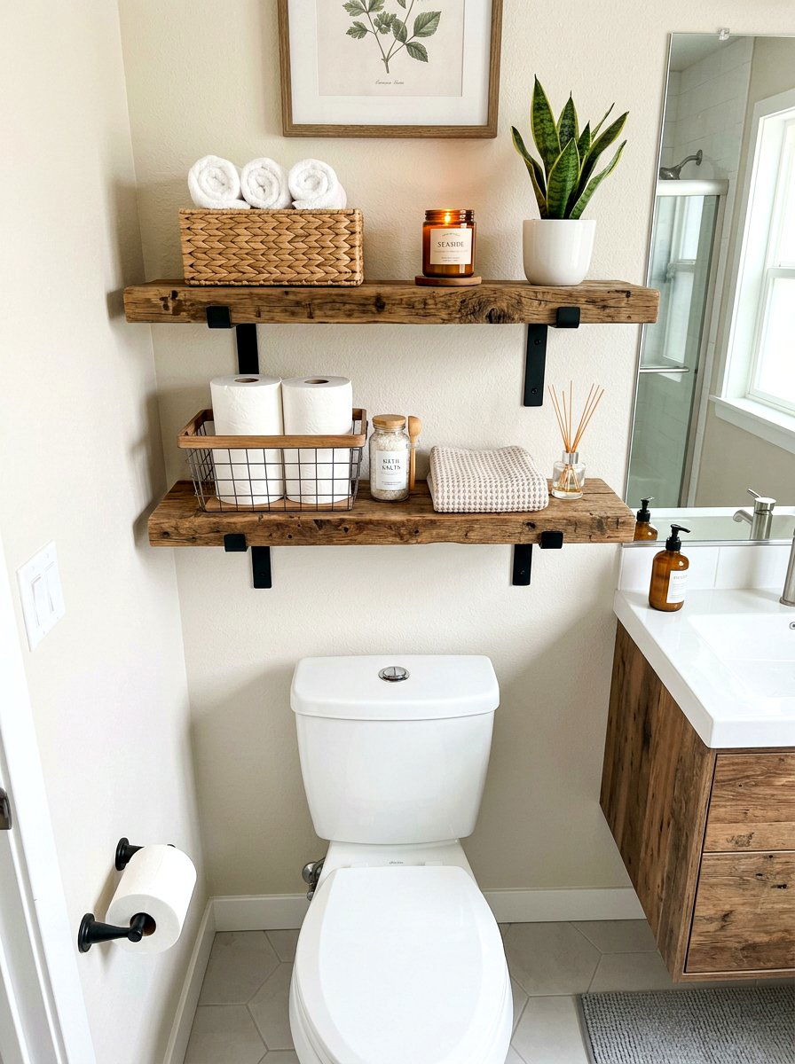 Floating shelf above toilet - 30 spa shelf styling bathroom ideas