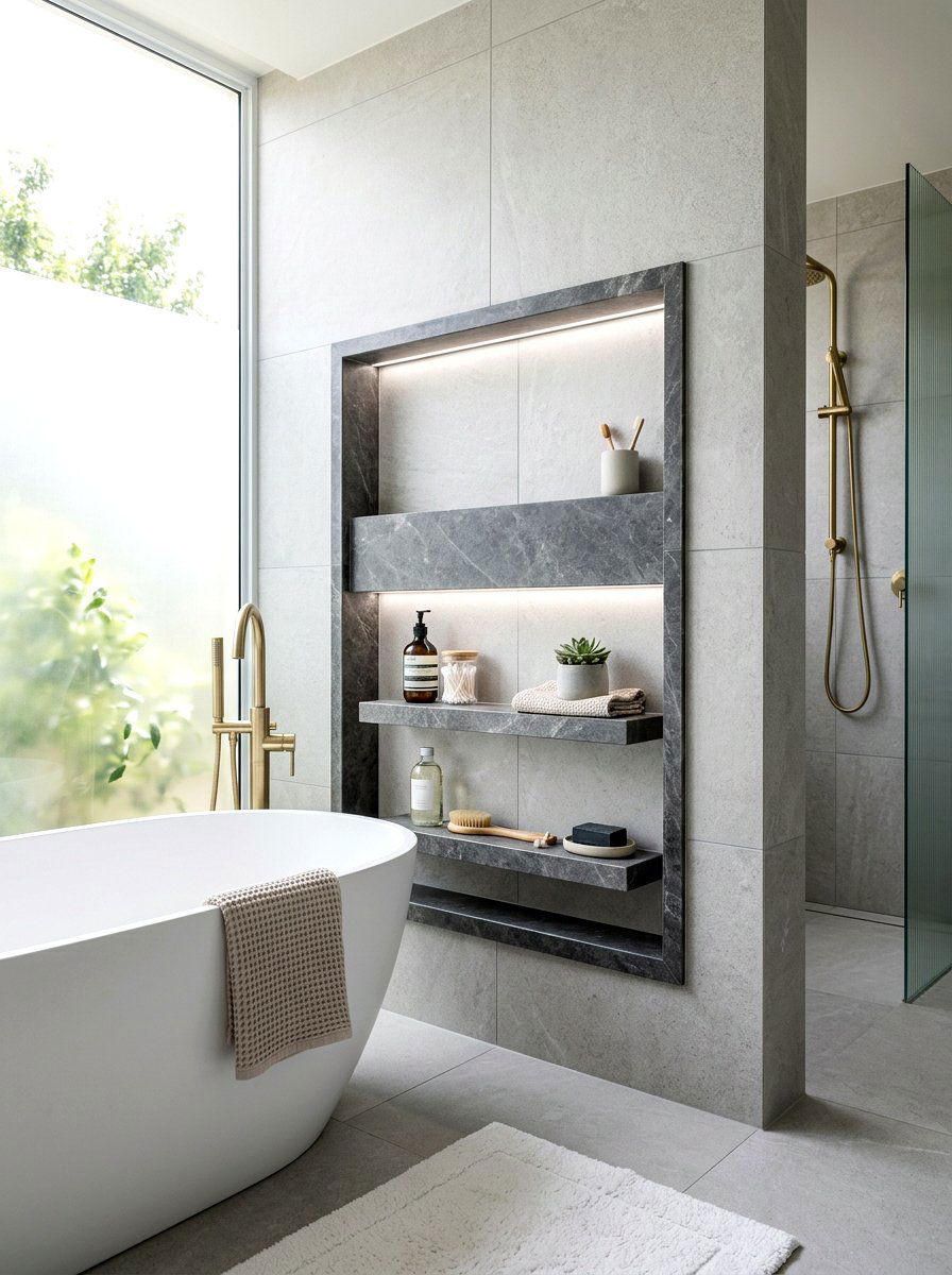 Floating shelf bathtub niche - 30 tub niche ideas