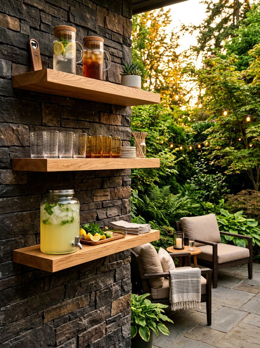 Floating shelf beverage nook - 30 drink station patio ideas