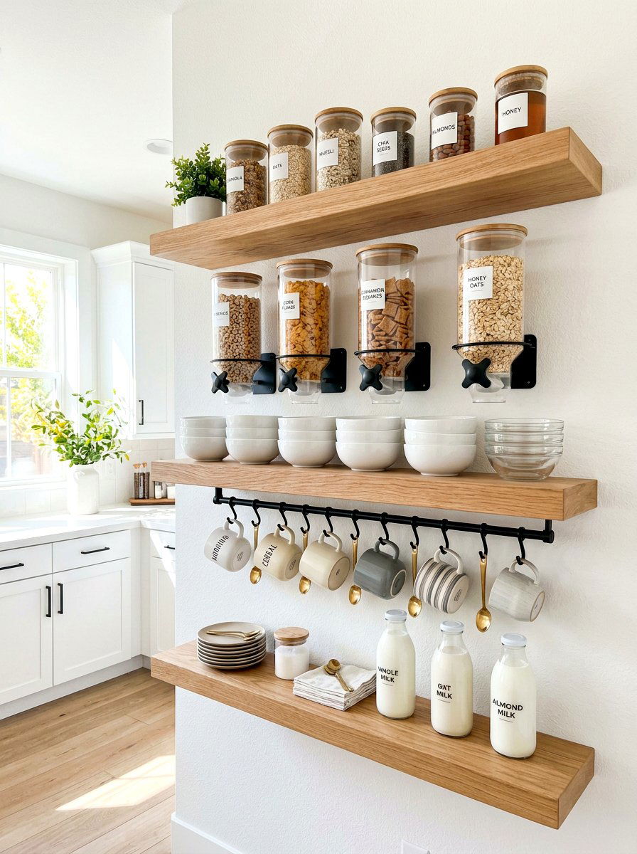 Floating shelf cereal station pantry - 30 cereal station pantry ideas