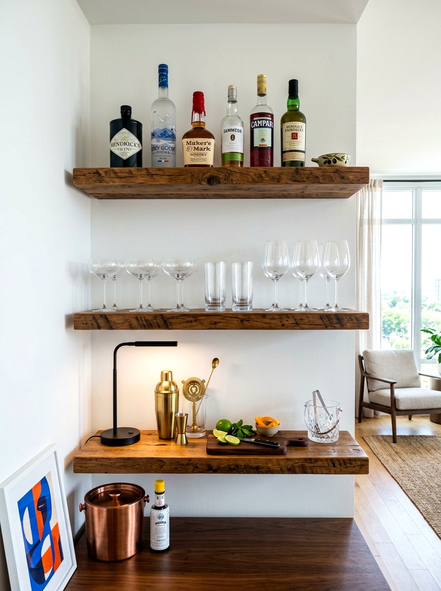 Floating shelf cocktail station - 30 cocktail nook ideas aesthetic