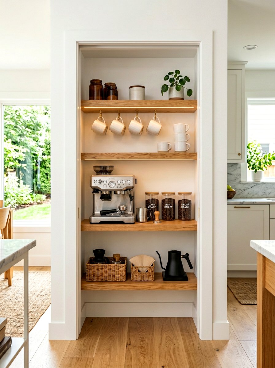 Floating shelf coffee pantry - 30 hidden coffee pantry ideas
