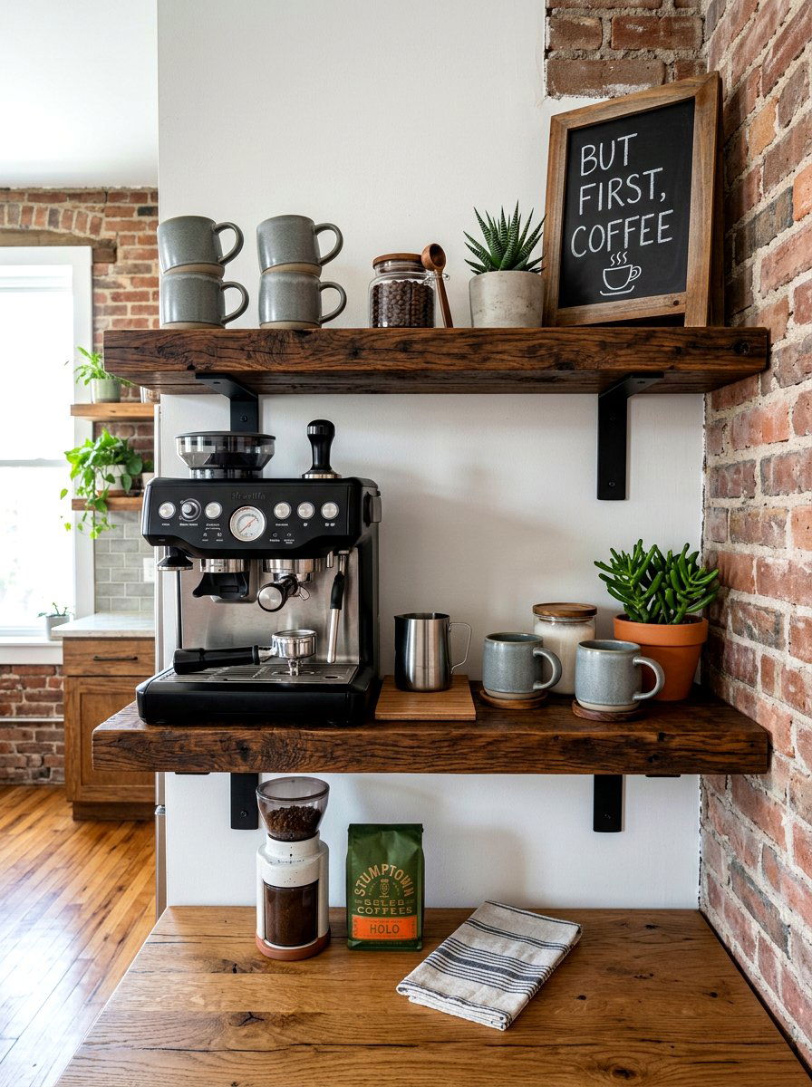 Floating shelf coffee station - 30 breakfast station ideas