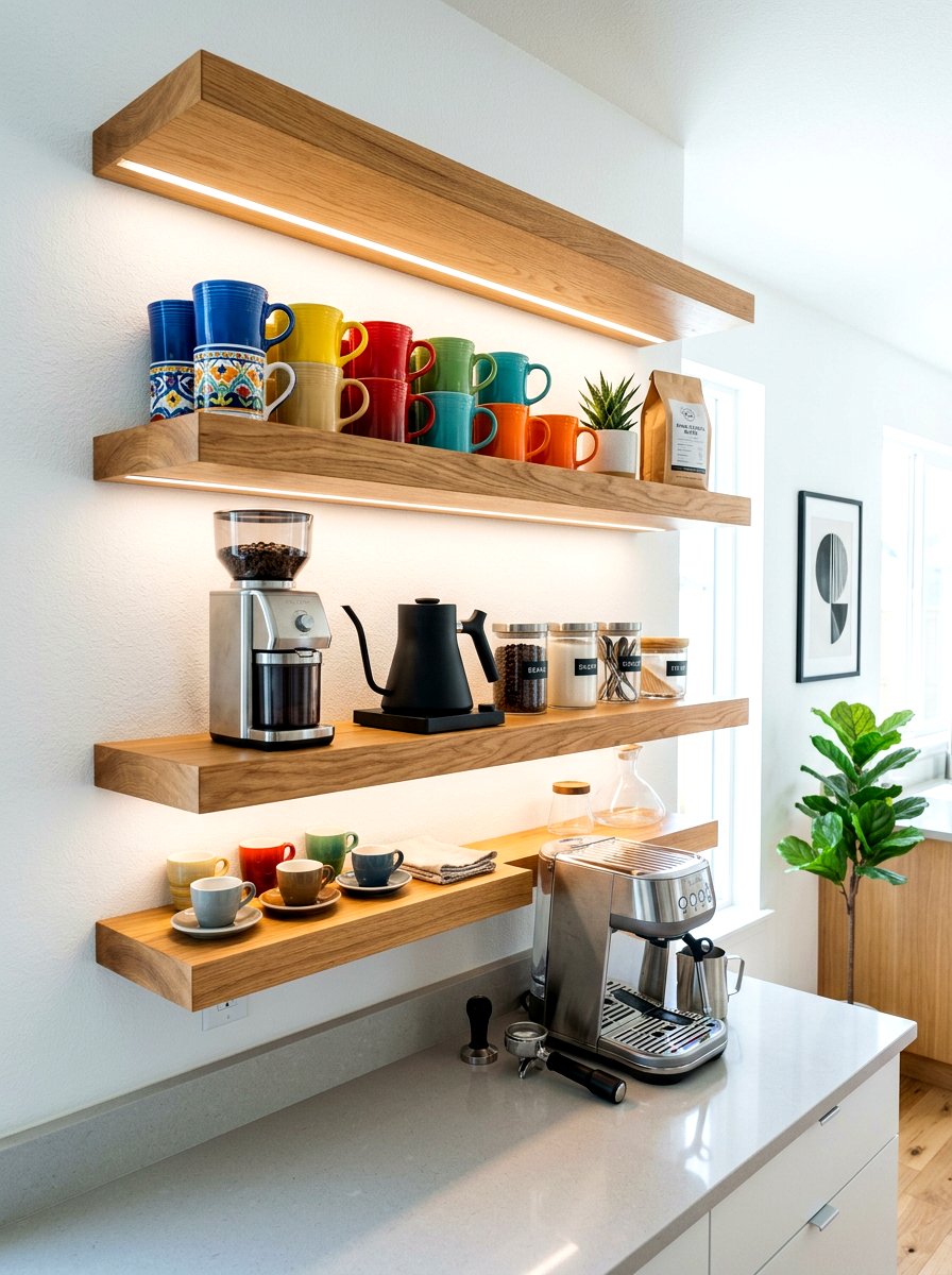Floating shelf coffee station - 30 home cafe kitchen ideas