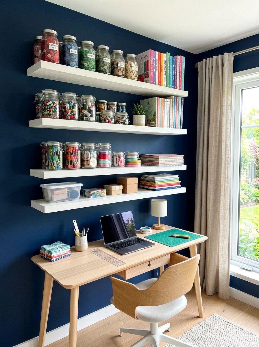 Floating shelf craft storage - 30 craft corner ideas