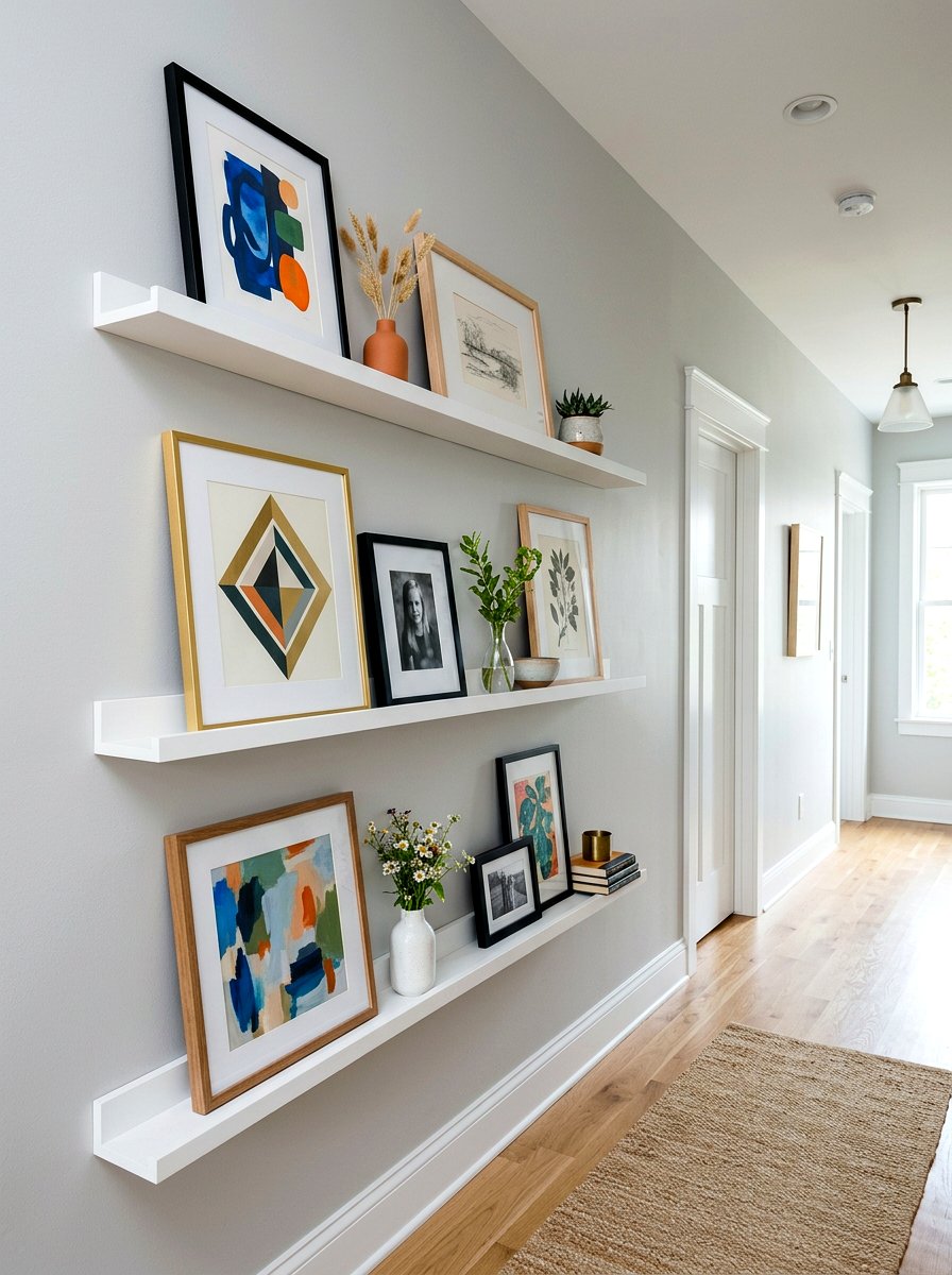Floating shelf gallery wall - 30 salon wall entry ideas