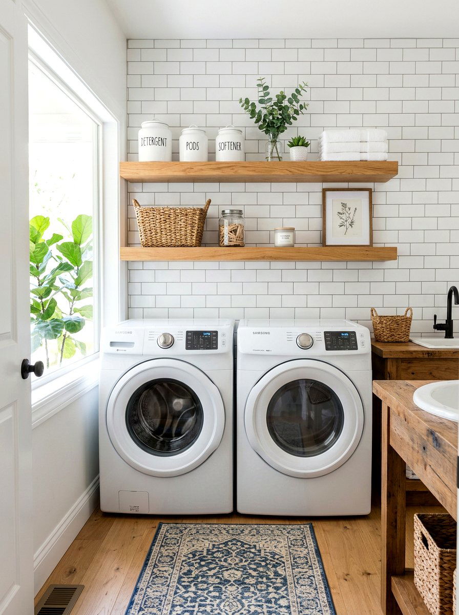 Floating shelf laundry setup - 30 washer dryer enclosure ideas