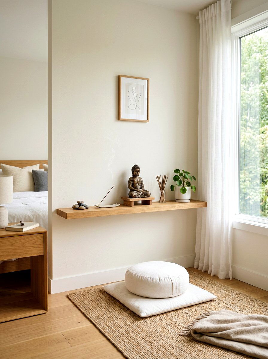 Floating shelf meditation altar bedroom - 30 meditation corner bedroom ideas