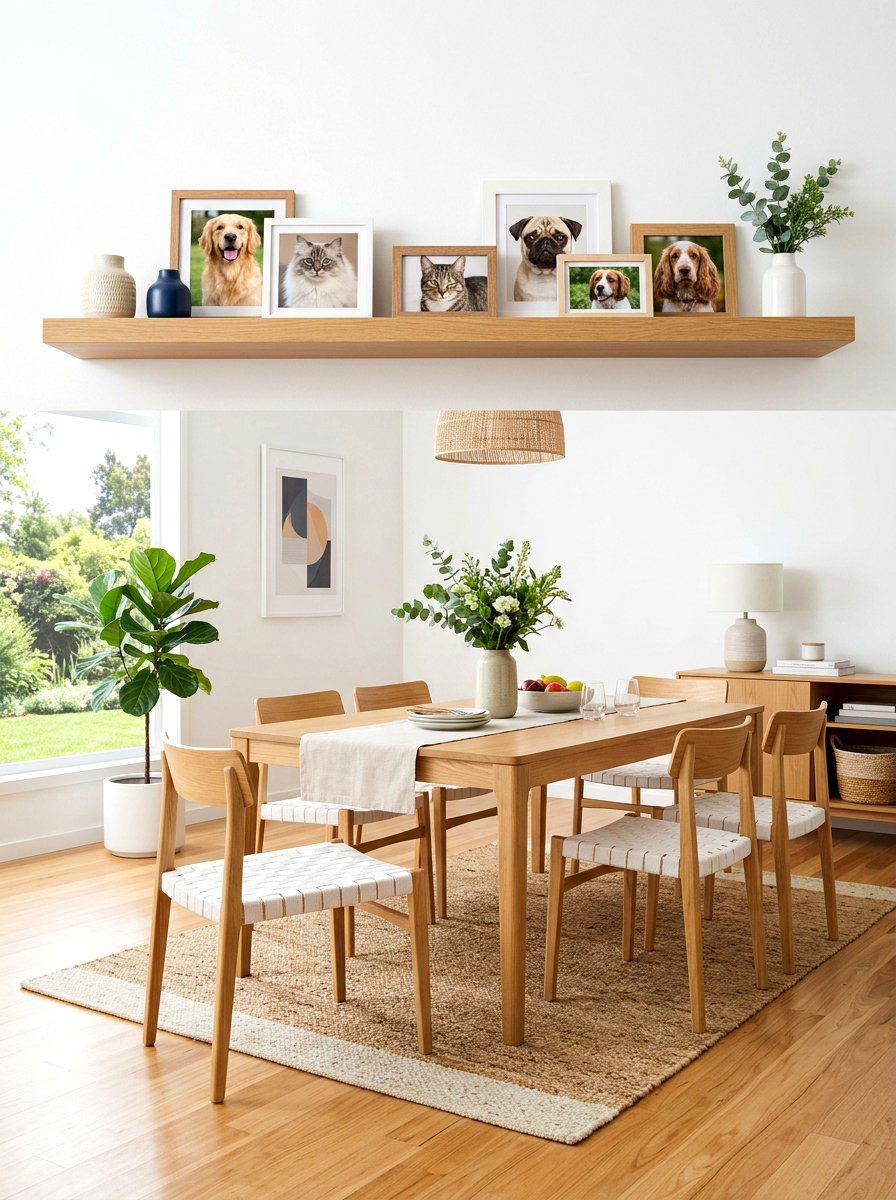 Floating shelf pet gallery display - 30 pet portrait wall ideas