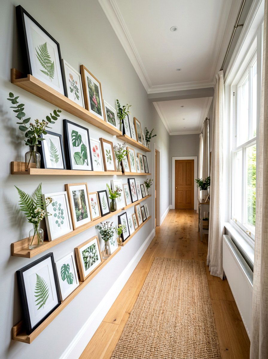 Floating shelf picture ledge - 30 hallway gallery wall ideas