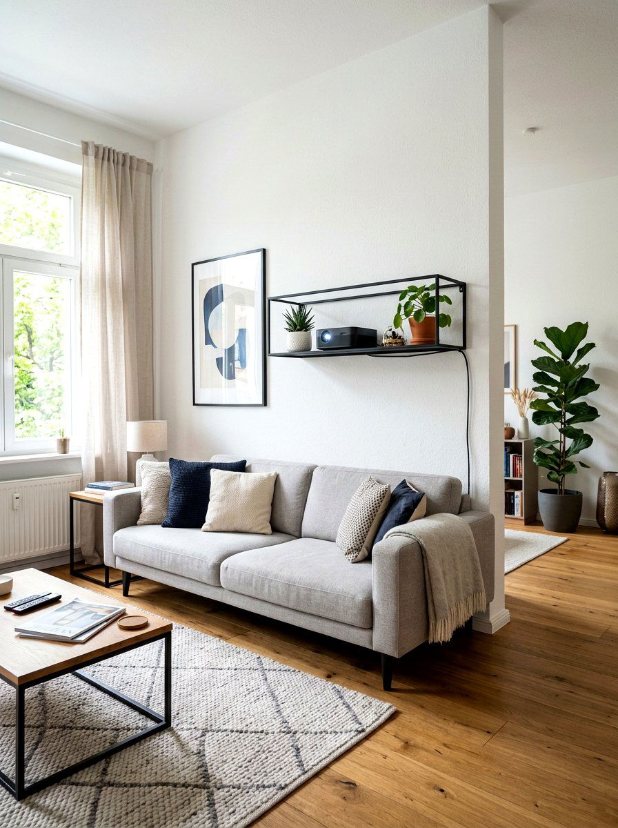 Floating shelf projector placement - 30 projector room ideas
