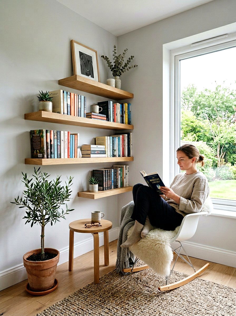 Floating shelf reading corner - 30 basement reading nook ideas