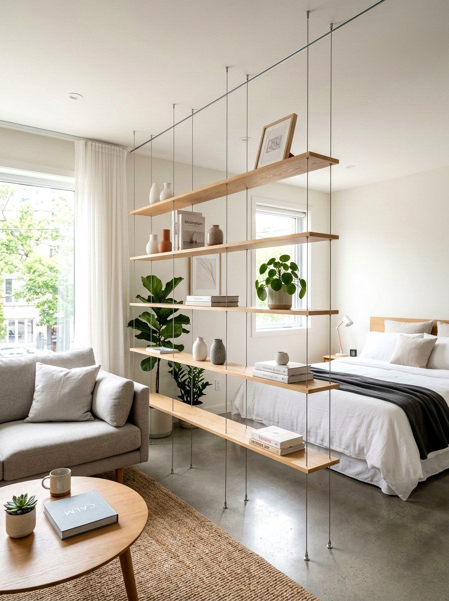 Floating shelf room divider - 30 partial divider studio ideas