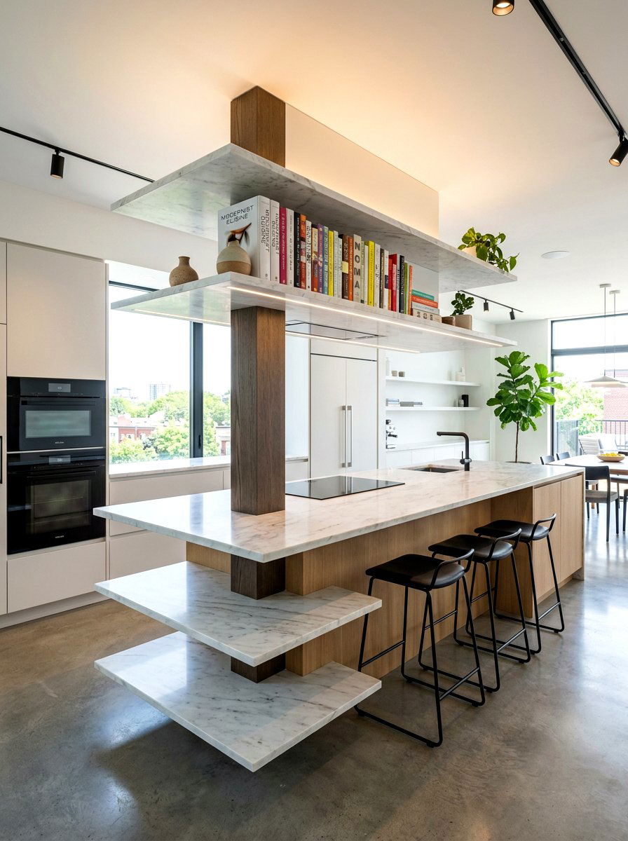 Floating shelf style kitchen island - 30 island bookshelf ideas