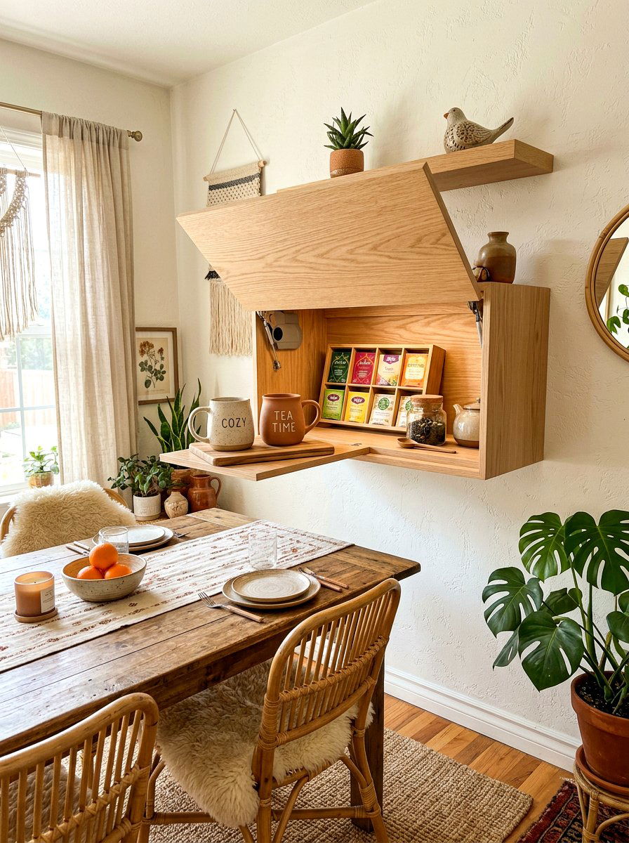 Floating shelf tea nook - 30 hidden tea pantry ideas