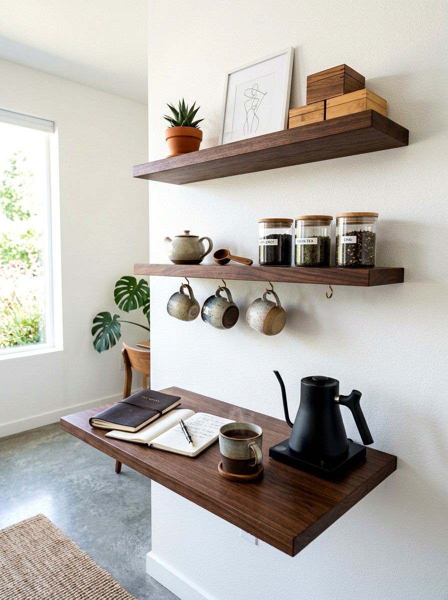 Floating shelf tea station - 30 tea and journaling corner ideas