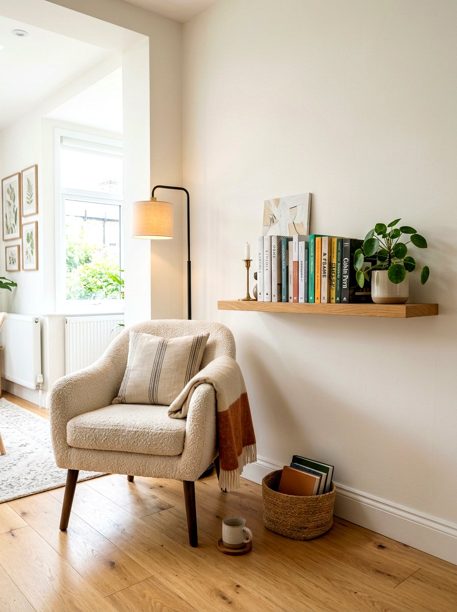 Floating shelf with boucle chair - 30 boucle chair corner ideas