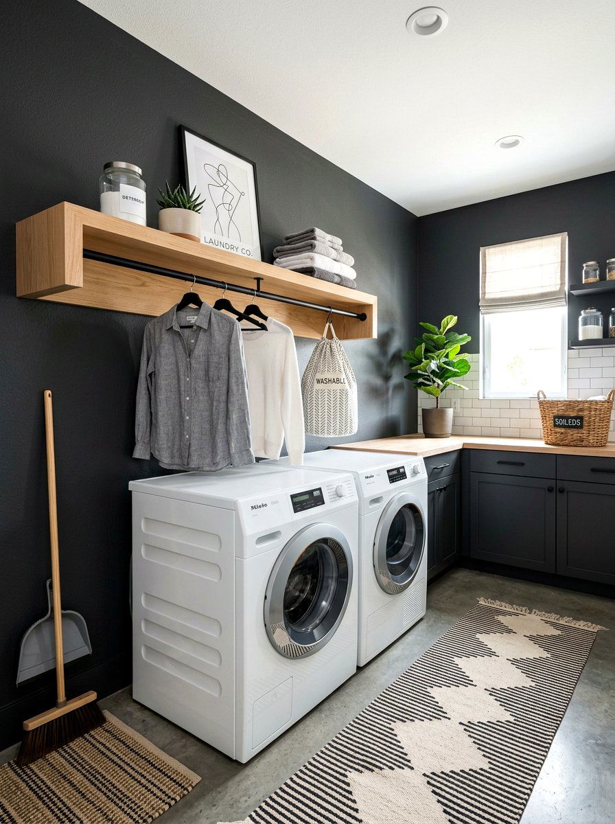 Floating shelf with hanging rod - 30 laundry room hanging rod ideas