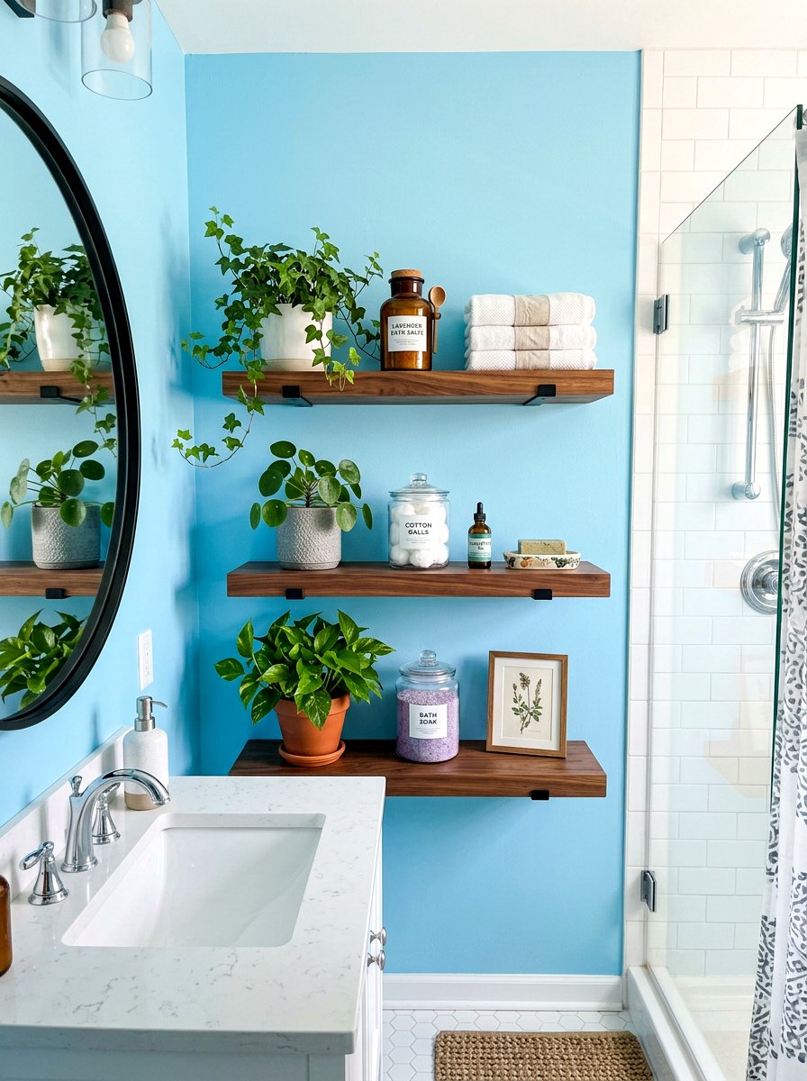 Floating shelf with heavy duty adhesive - 30 renter safe bathroom shelf ideas
