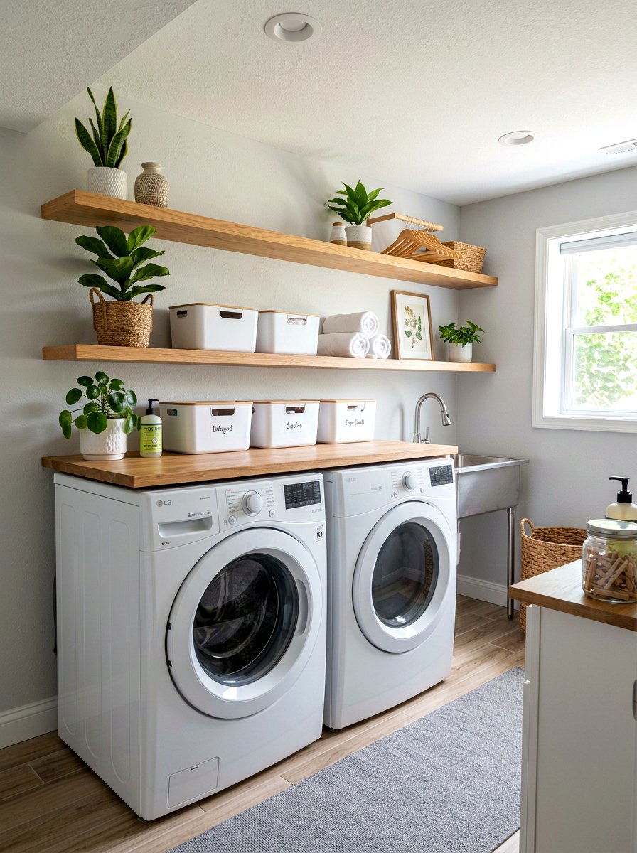 Floating shelves basement laundry - 30 basement laundry area ideas