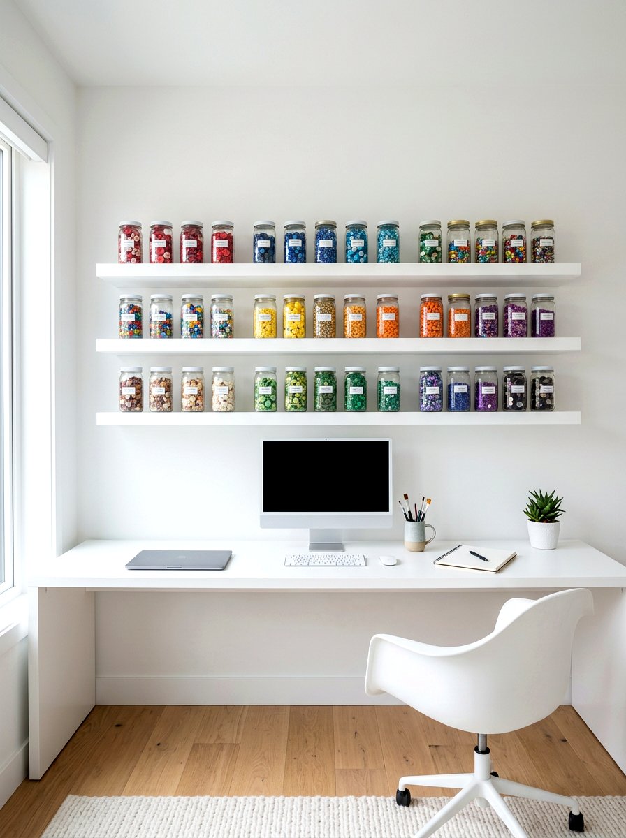 Floating shelves for art supplies - 30 kids craft room ideas