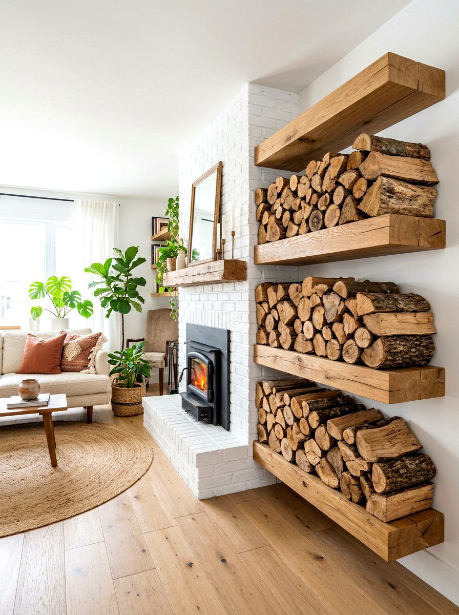 Floating shelves for logs - 30 log holder ideas