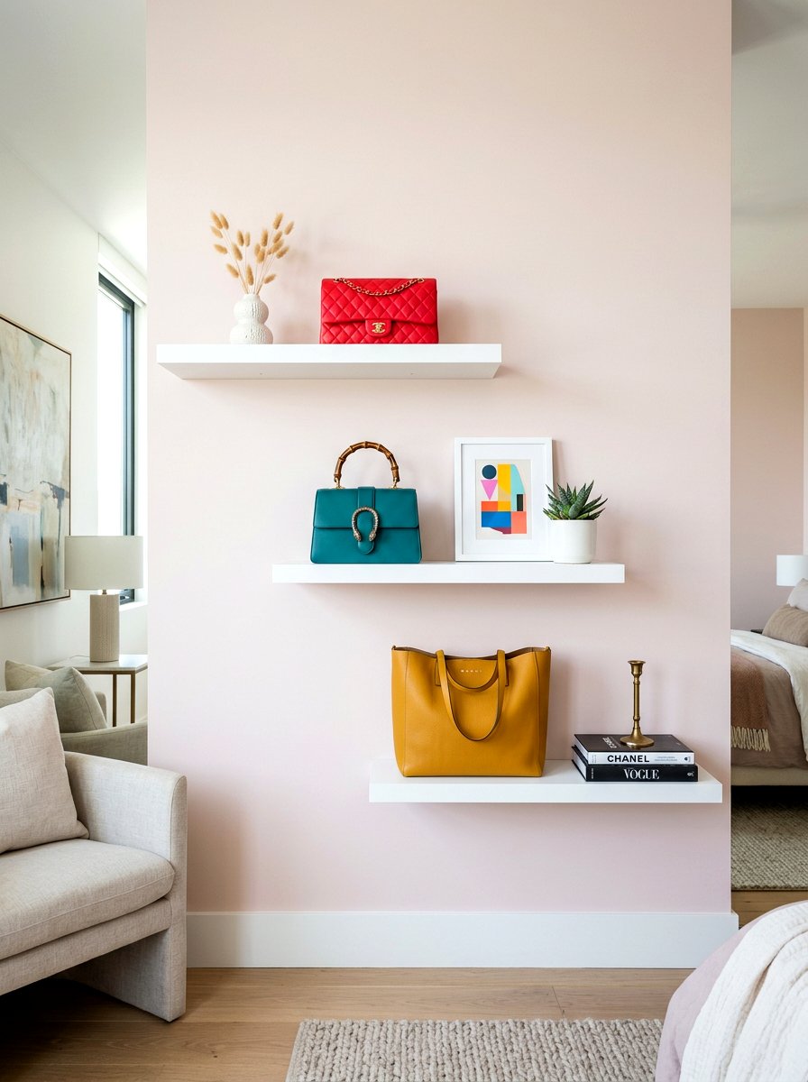 Floating shelves for purses - 30 purse display closet ideas