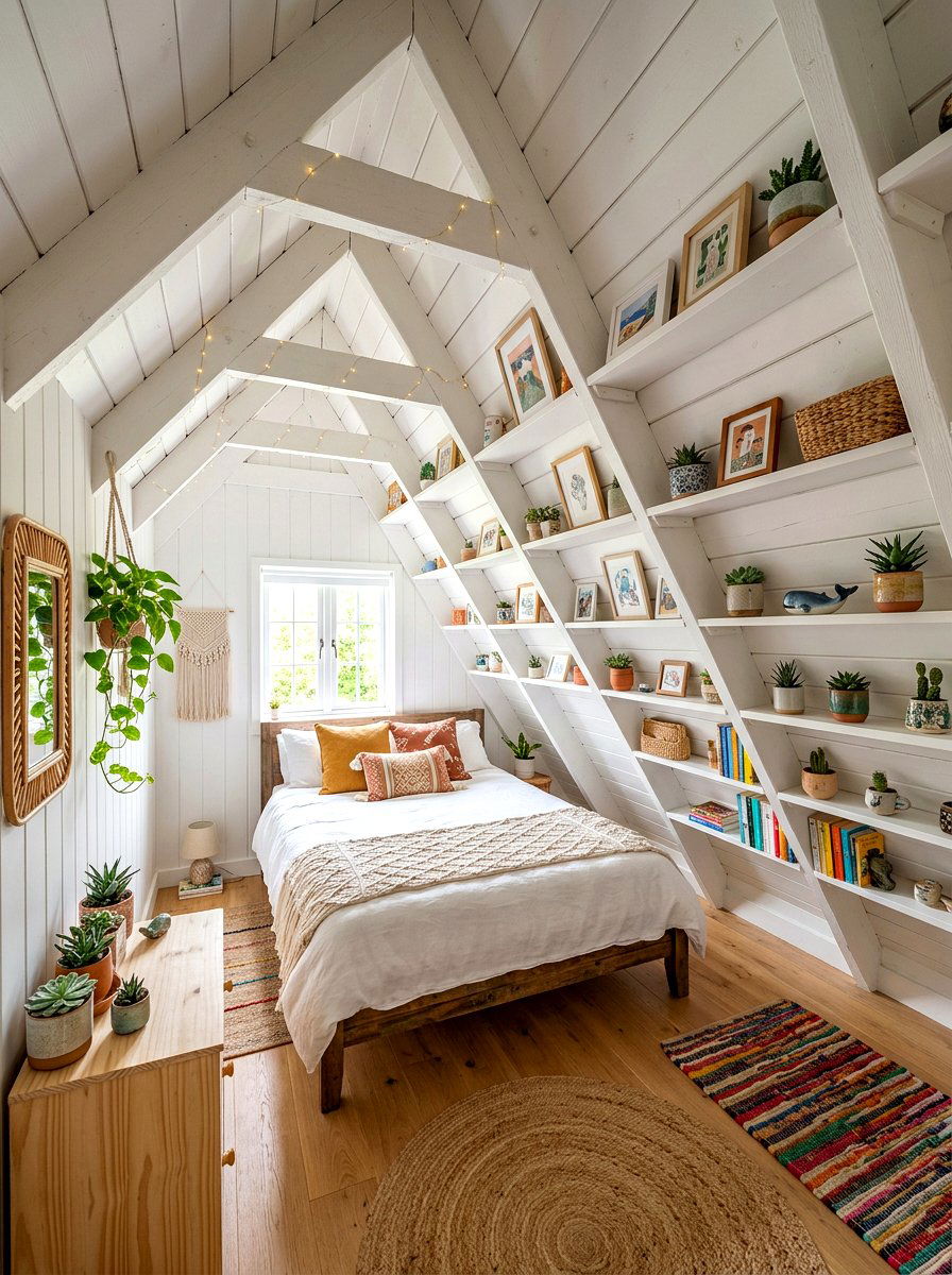 Floating shelves for sloped walls - 30 attic bedroom storage ideas