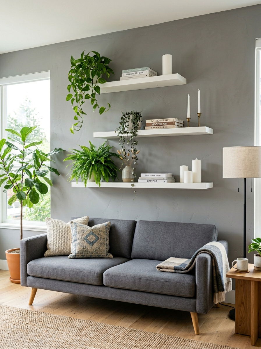 Floating shelves living room display - 30 no fireplace living room ideas