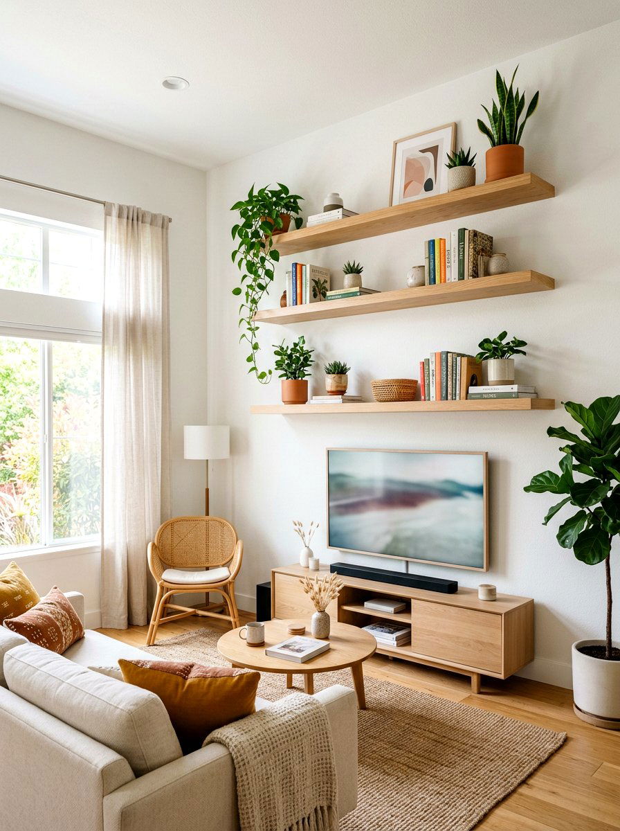 Floating shelves living room - 30 small living room ideas