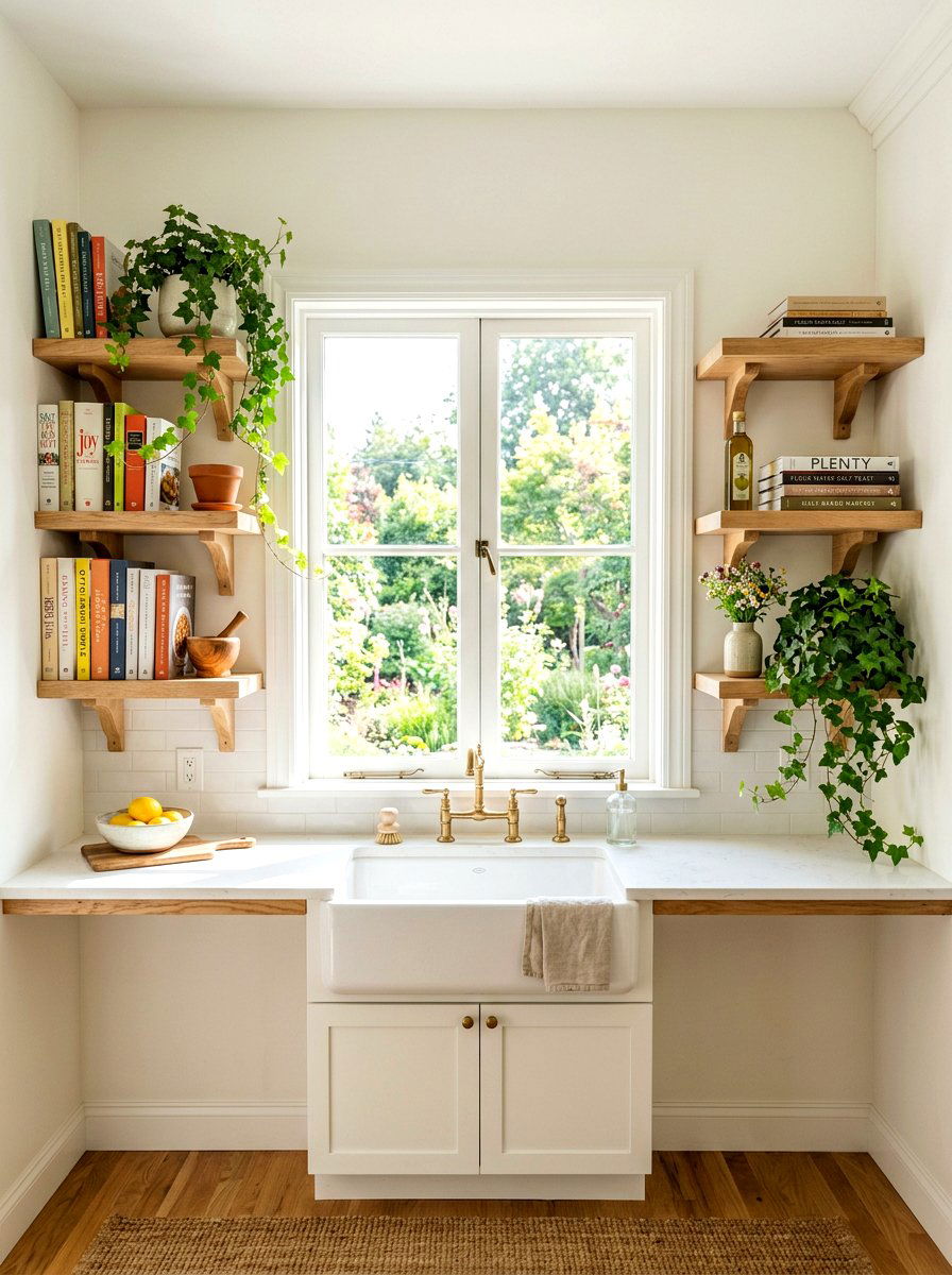 Floating shelves near window - 30 book shelf kitchen ideas