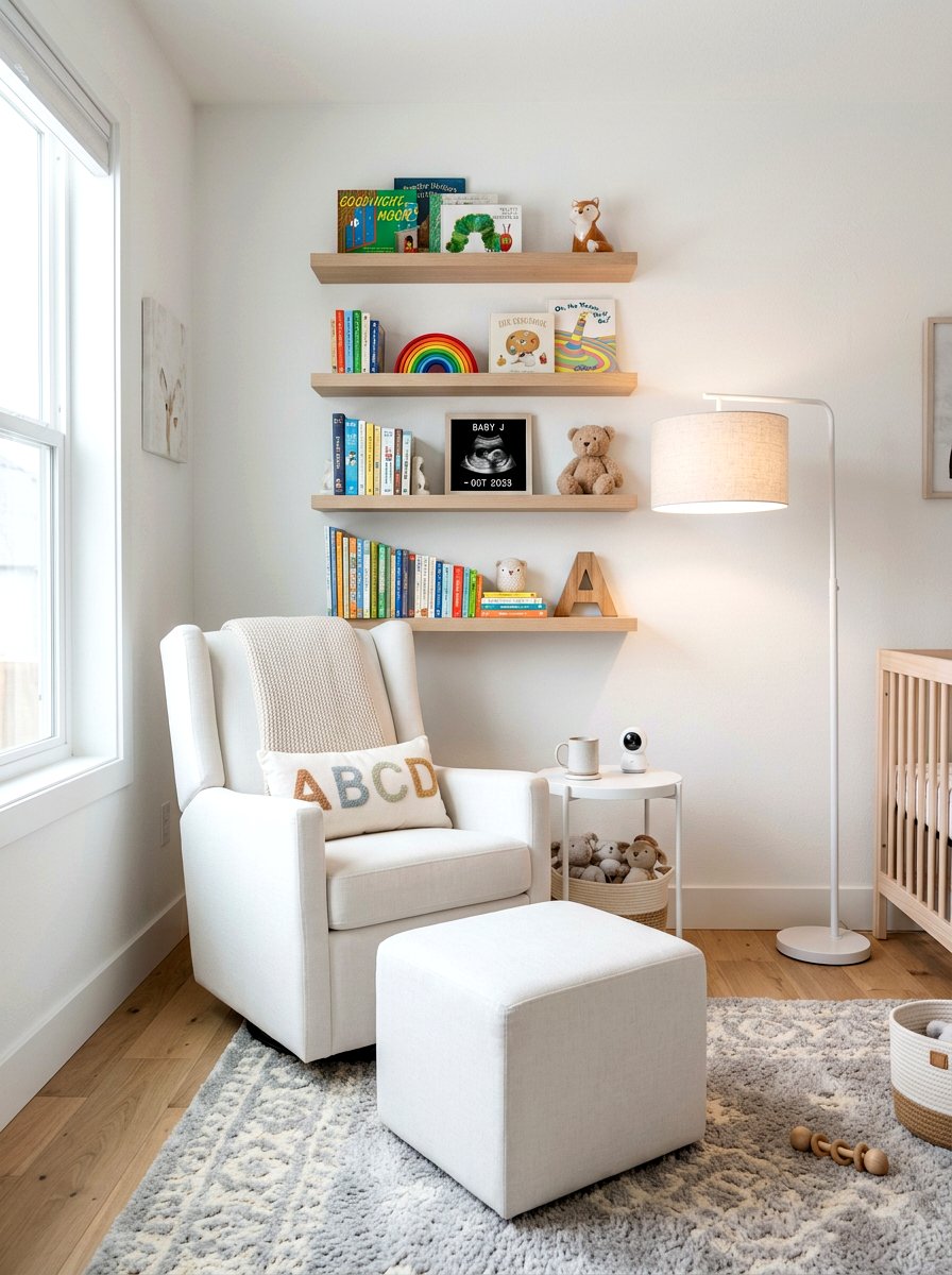 Floating shelves nursery rocker area - 30 nursery rocking chair corner ideas