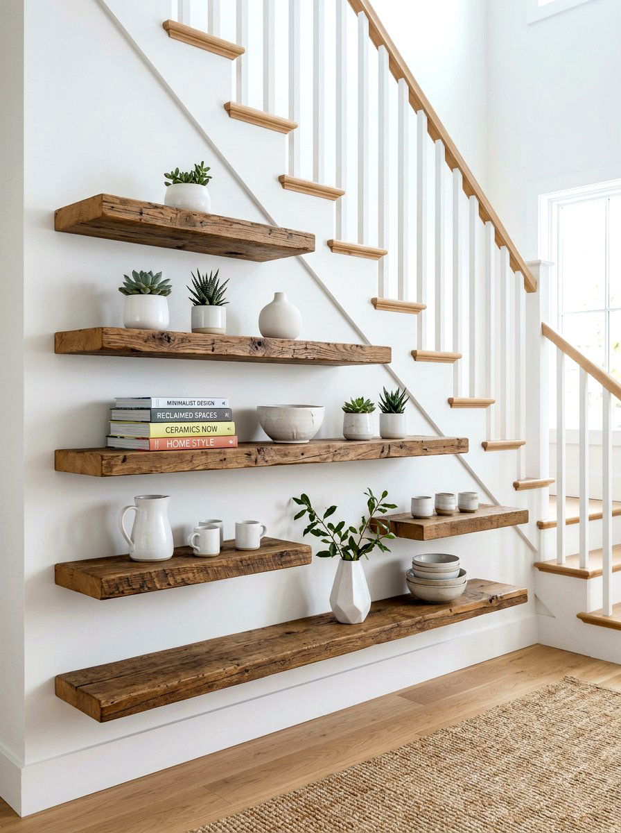 Floating shelves under stairs - 30 stair nook decor ideas