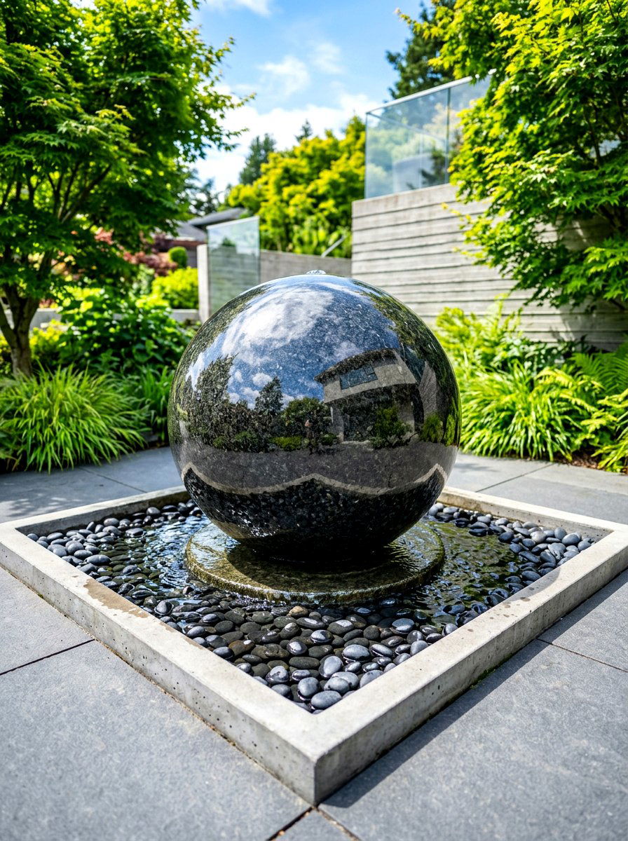 Floating sphere fountain - 30 front yard water feature ideas