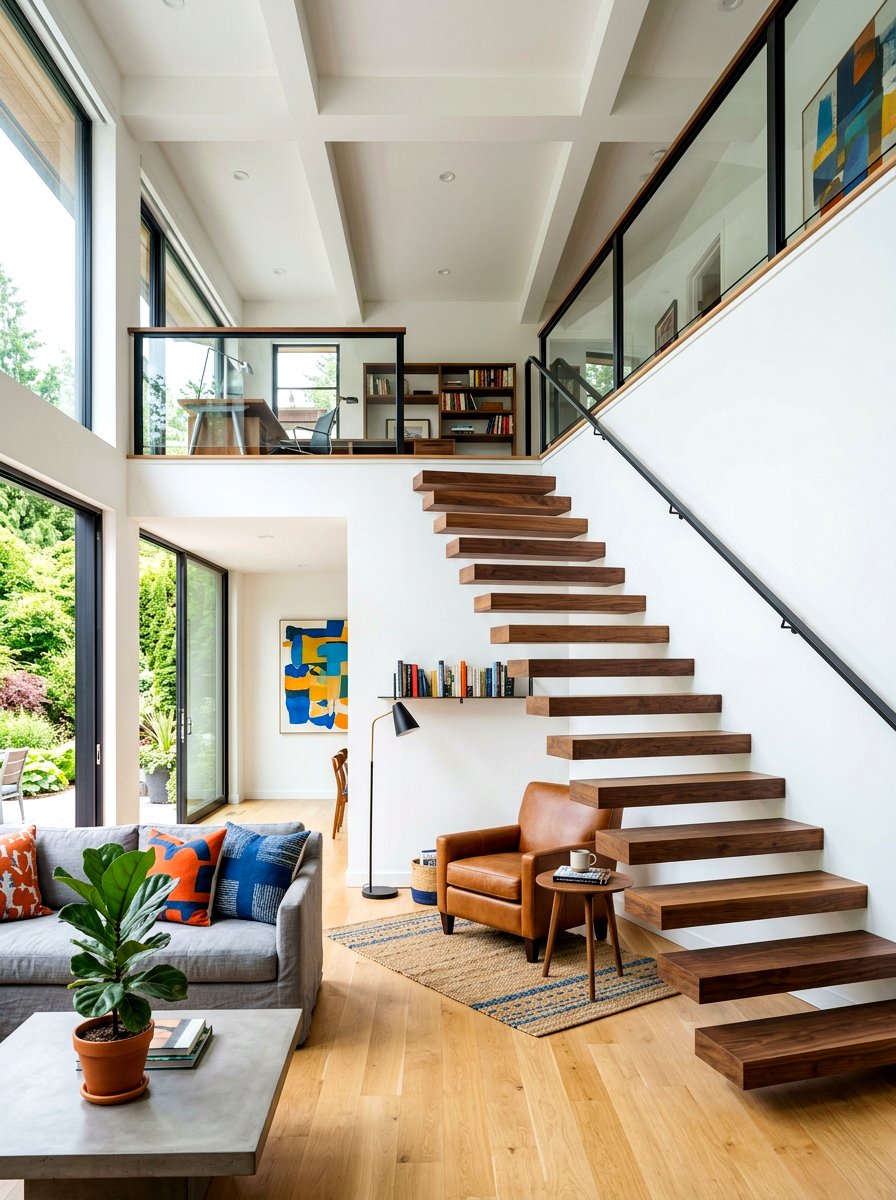 Floating stairs in multi level living room - 30 split level living room ideas